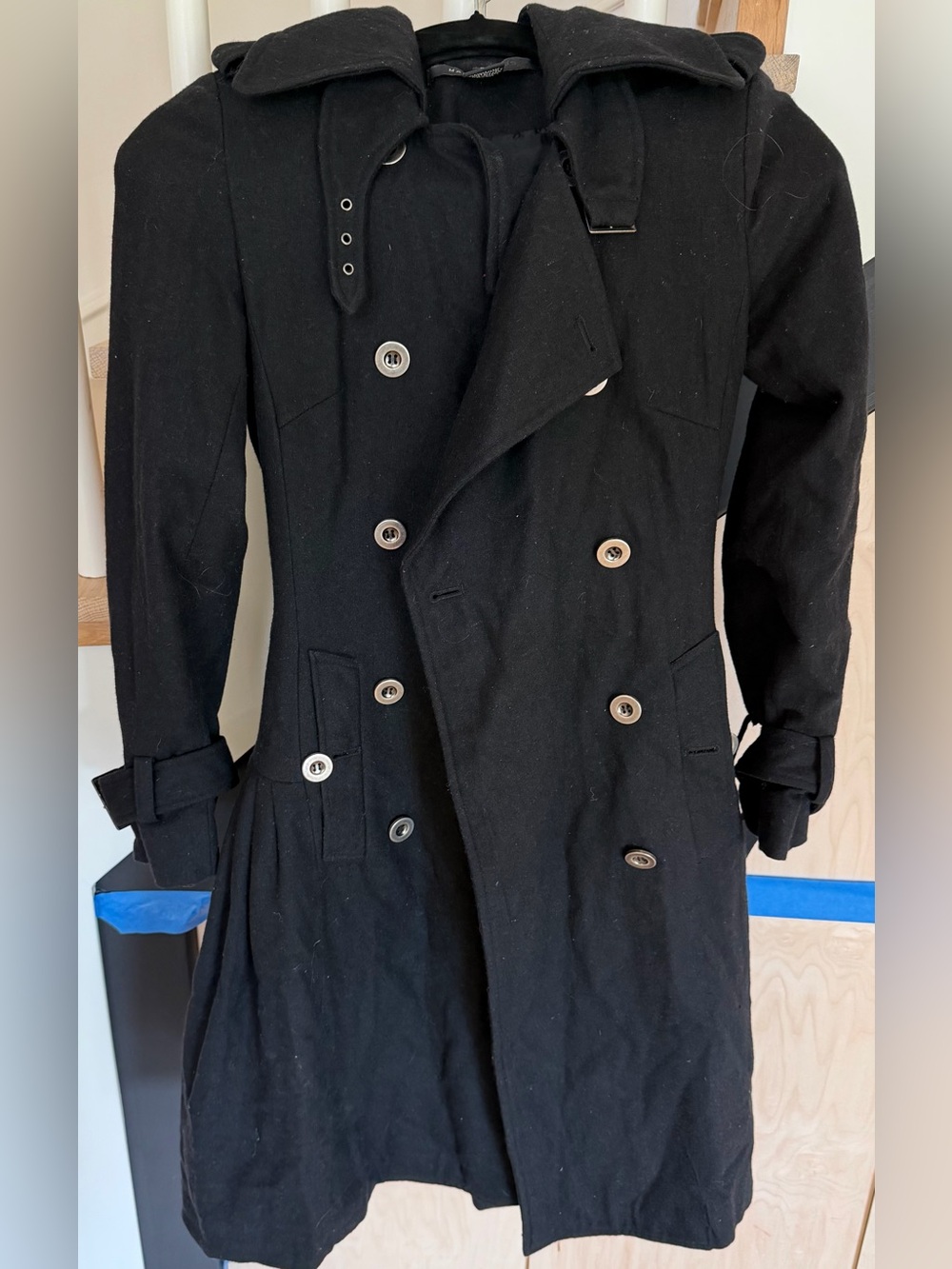 Women’s Black Double-Breasted Wool Blend Trench Coat